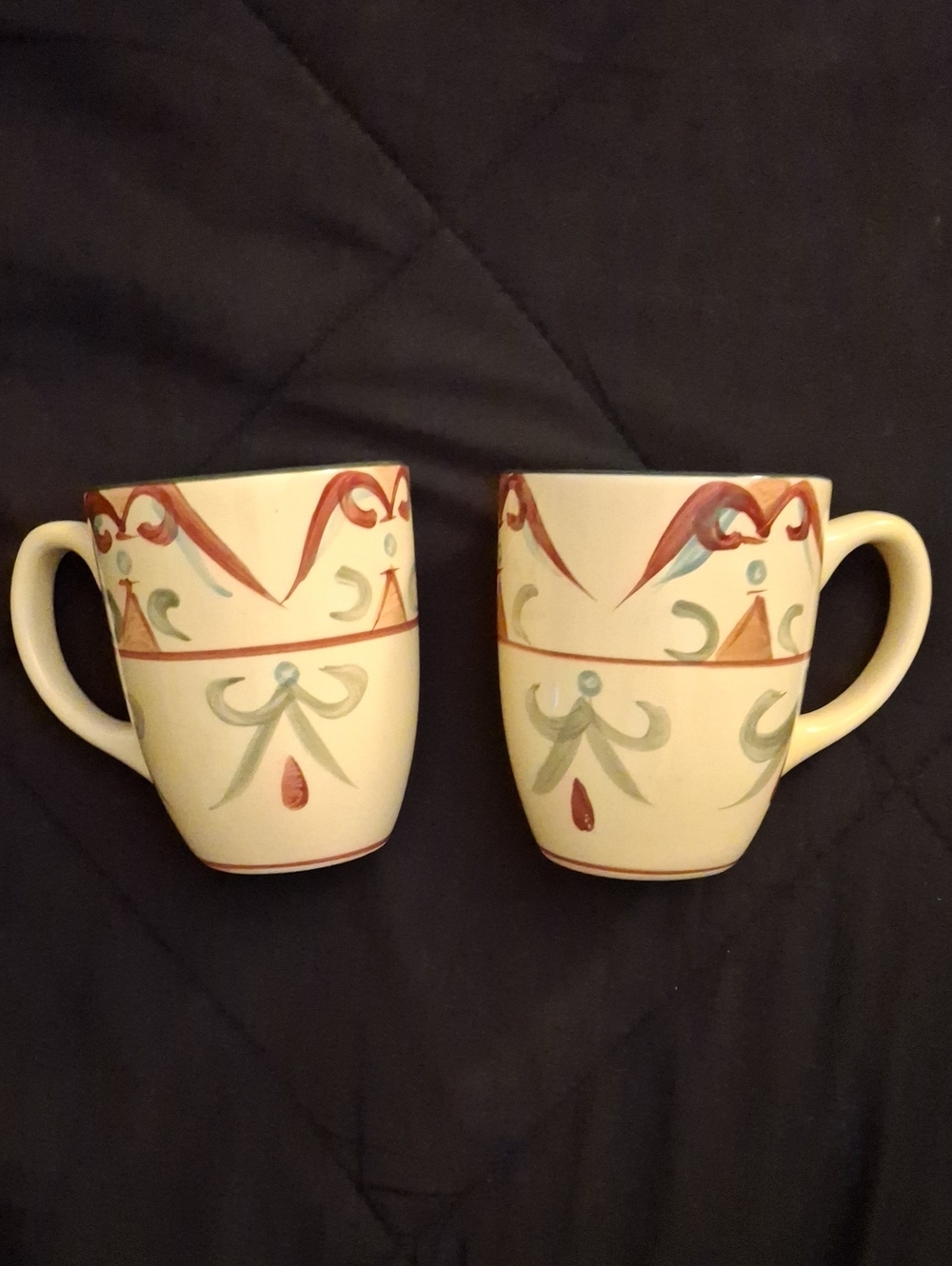 Pfaltzgraff Cream Mugs with Red and Green Hand-Painted Accents